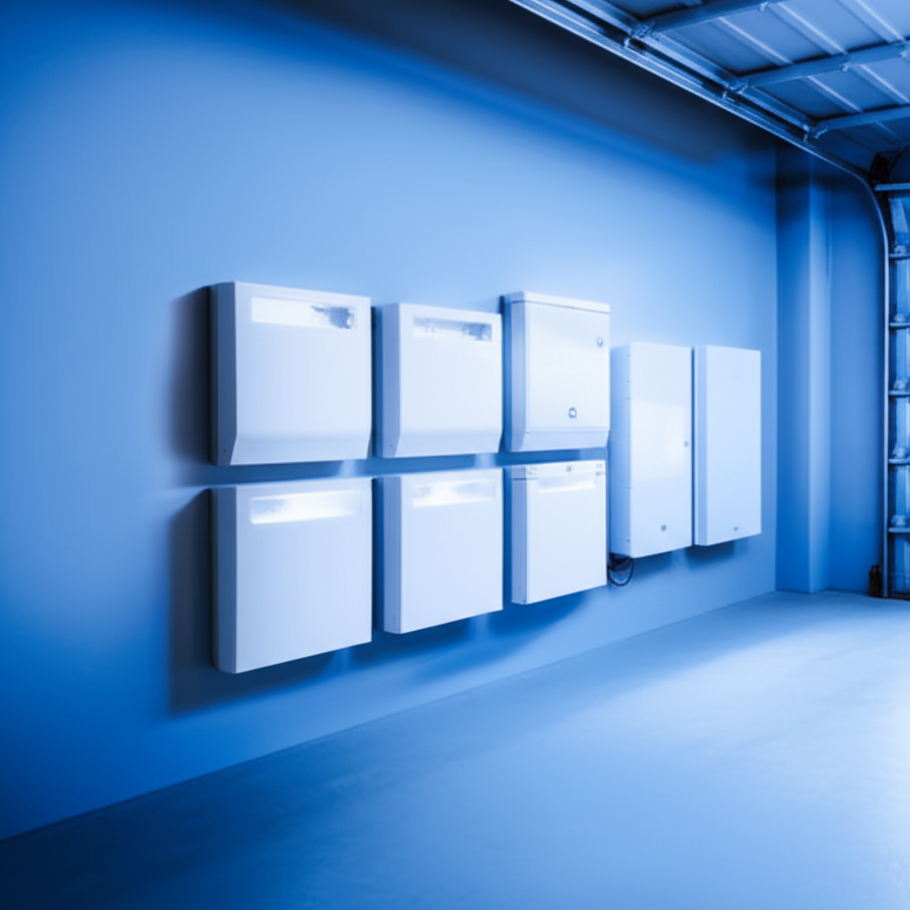 Home battery bank system installed in garage